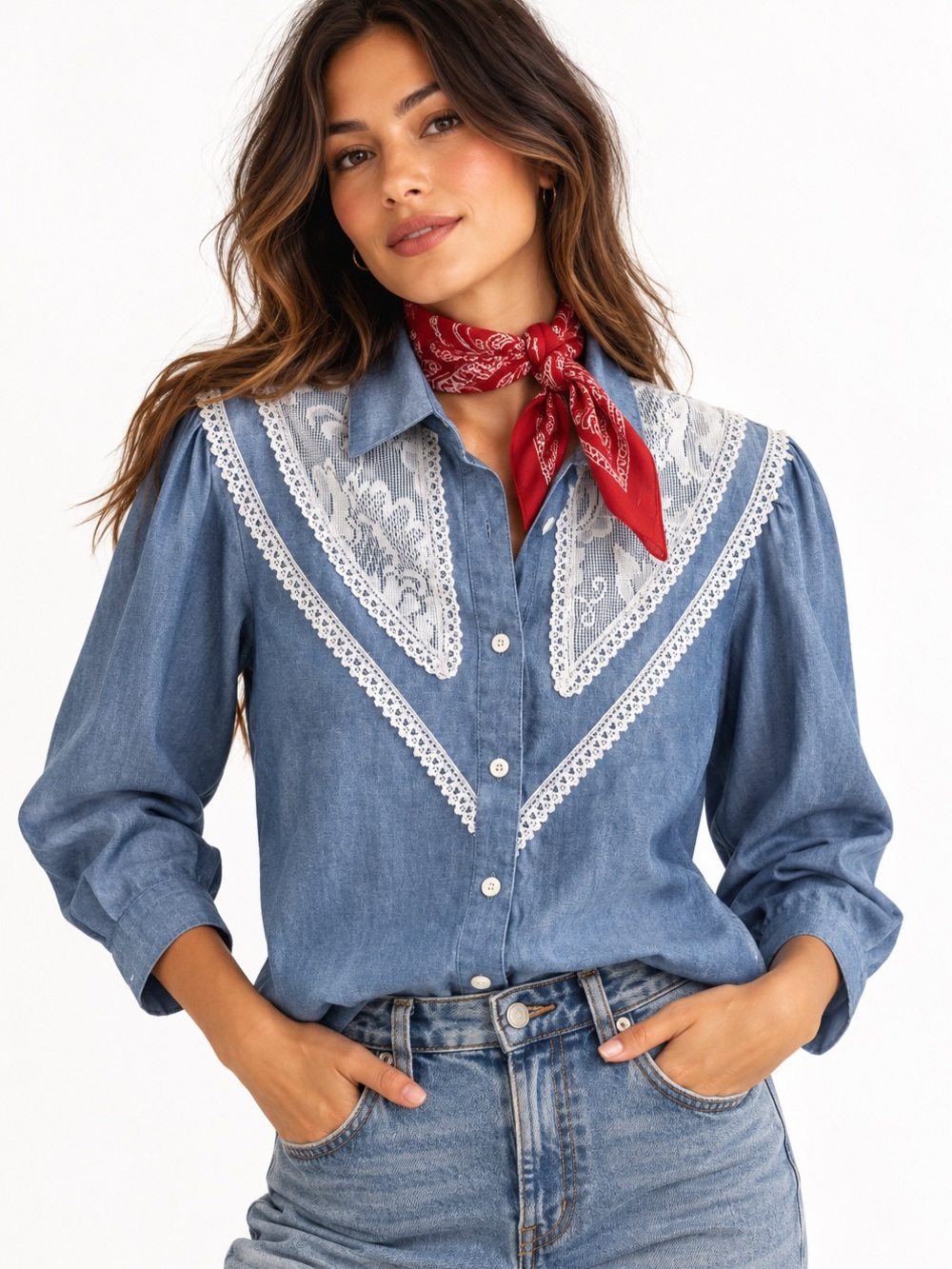 Stage West Denim Lace Button Down Top